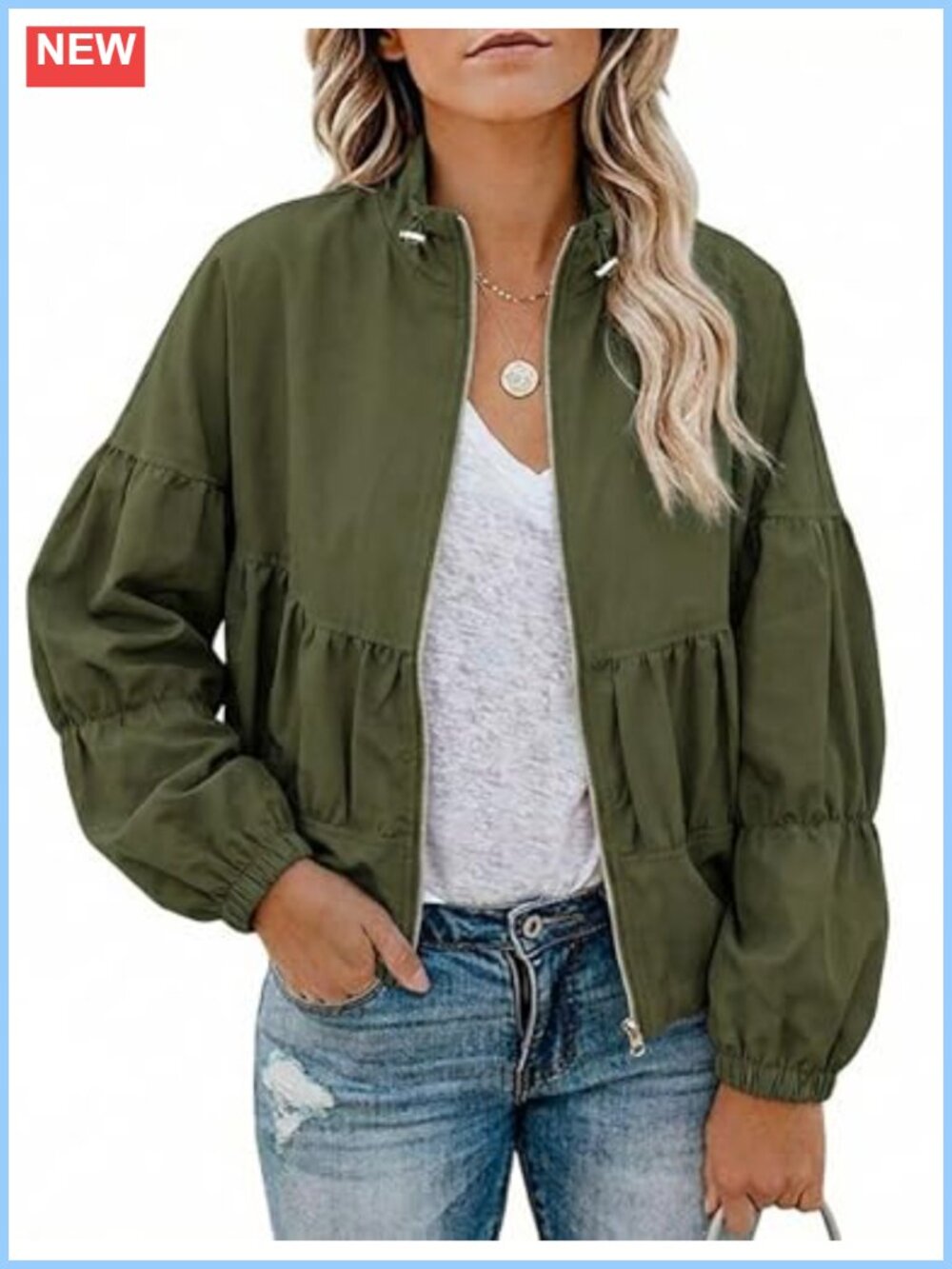 Women Cropped Bomber Jacket Lightweight Balloon Sleeve Streetwear